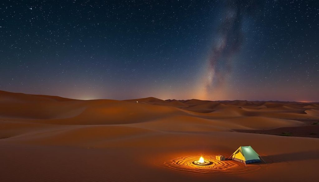 A caravan of camels moving across sand dunes in the Moroccan desert